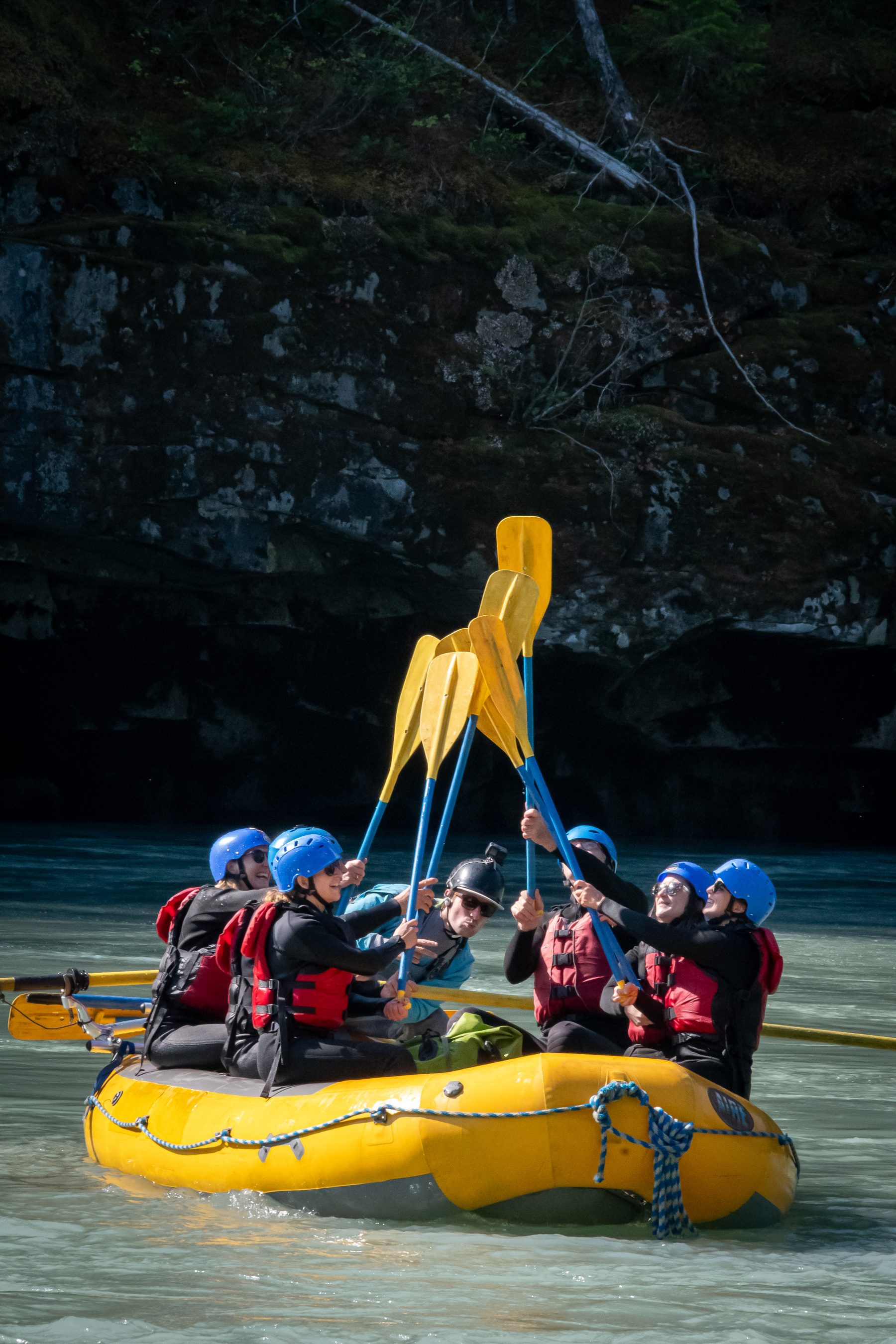 Canadian Outback Rafting team paddles raised celebration Elaho River BC by GC Media Vancouver